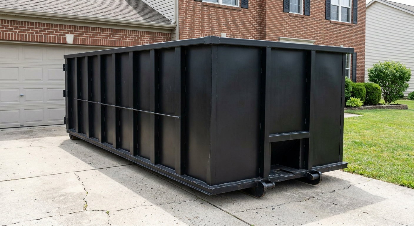 Matte-black 20-yard roll-off container on a Overland Park residential concrete driveway with reinforced ribbed steel sidewalls and a hinged rear walk-in door, clean bright daylight.