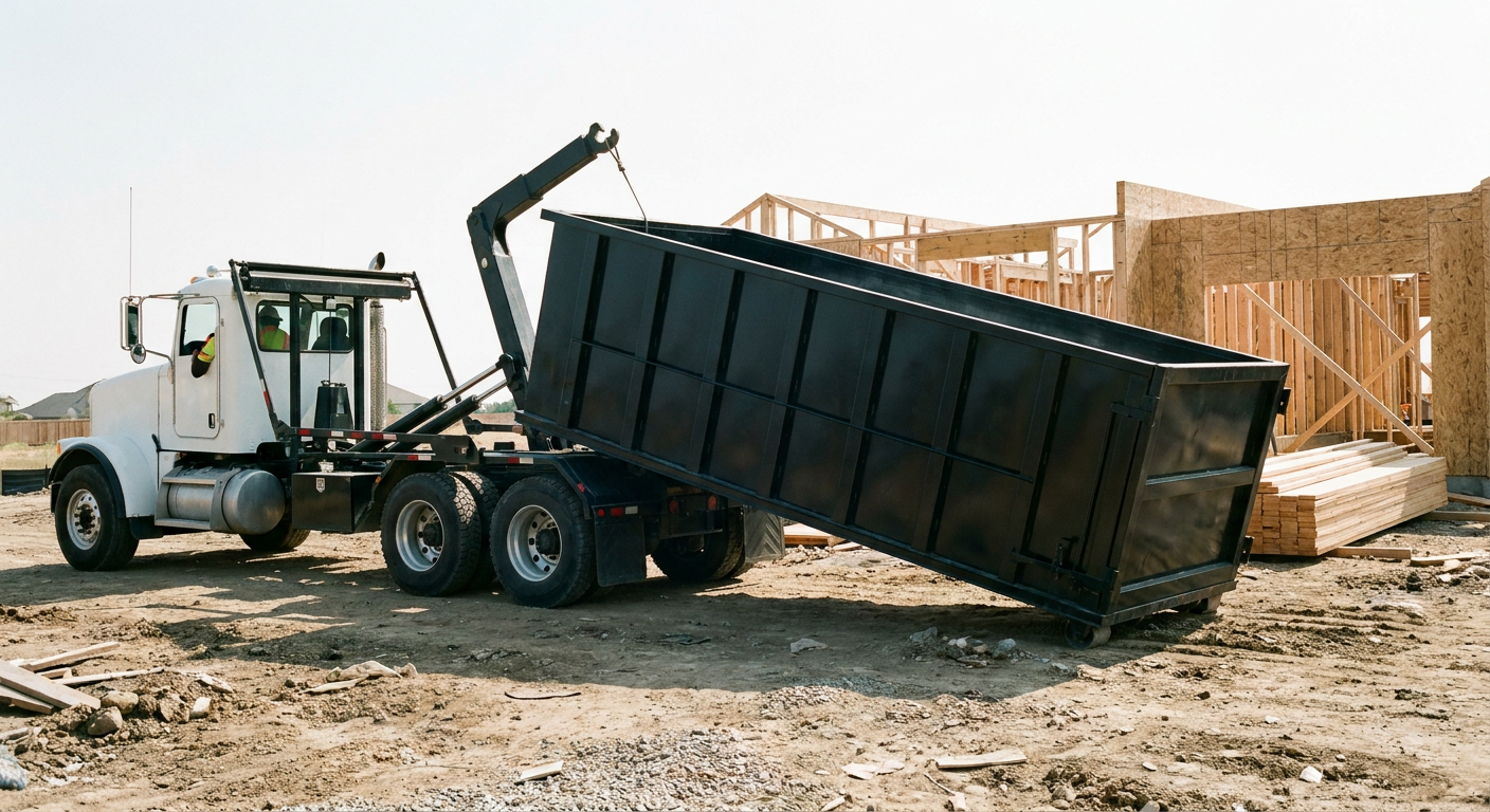 Matte-black roll-off dumpster being delivered onto a clean residential concrete driveway in Overland Park by an unmarked white hooklift hauler truck, bright morning daylight, documentary 35mm perspective.